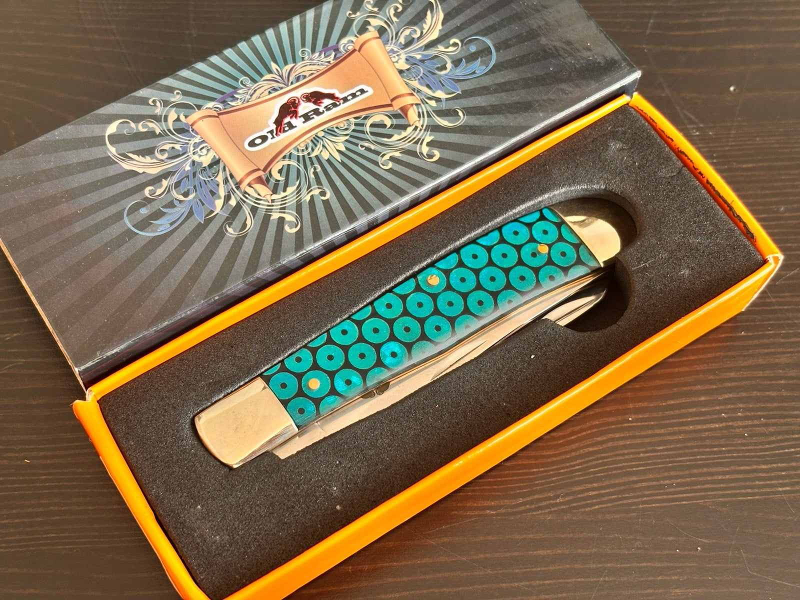 Old Ram 2 Blade Retro Pocket Knife Blue Green Vintage Trapper XL 7.5”