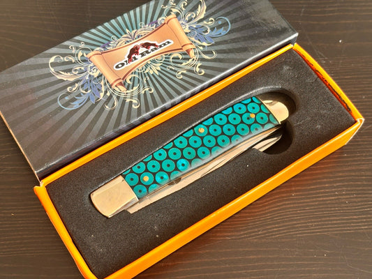 Old Ram 2 Blade Retro Pocket Knife Blue Green Vintage Trapper XL 7.5”