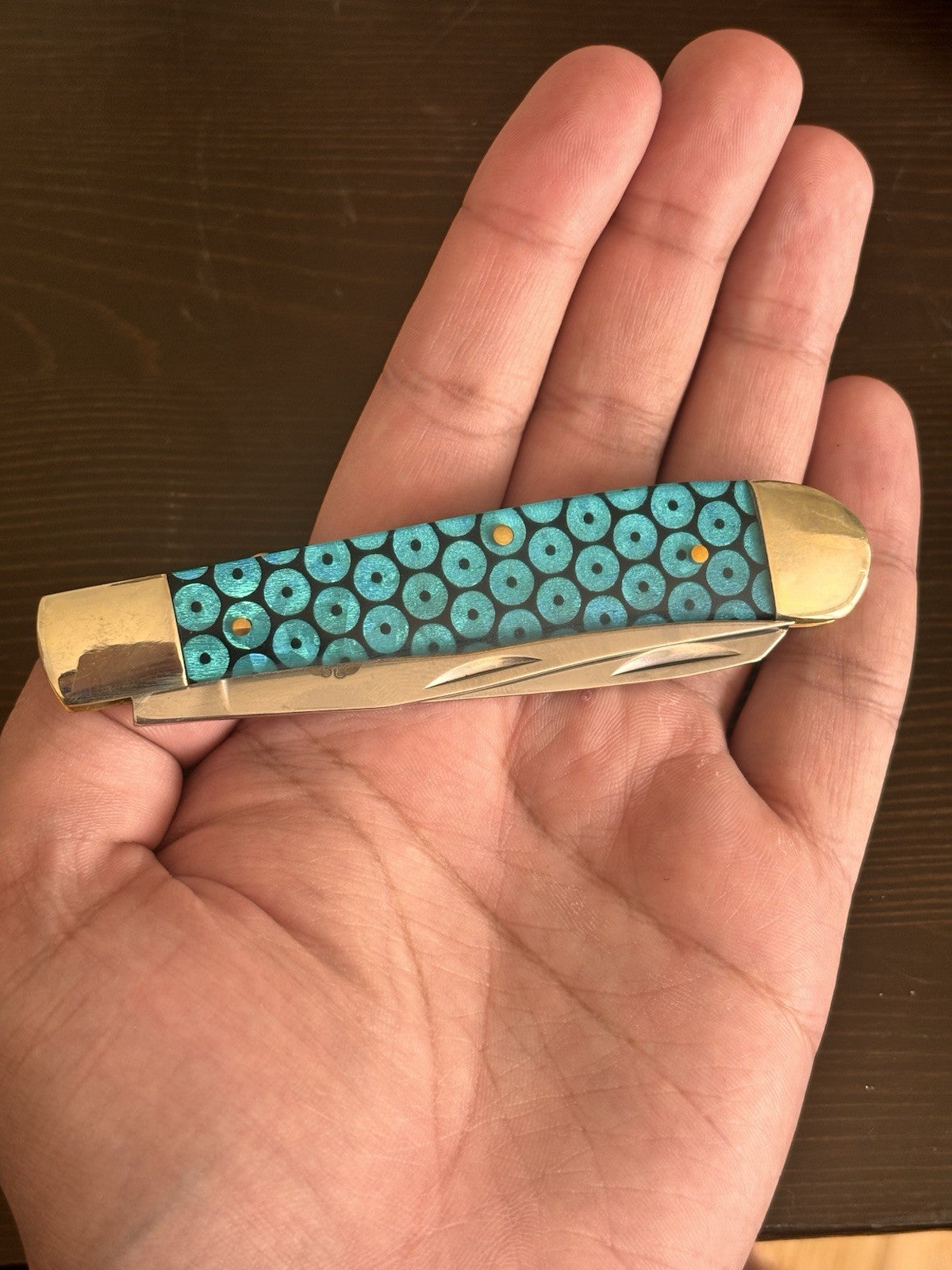 Old Ram 2 Blade Retro Pocket Knife Blue Green Vintage Trapper XL 7.5”