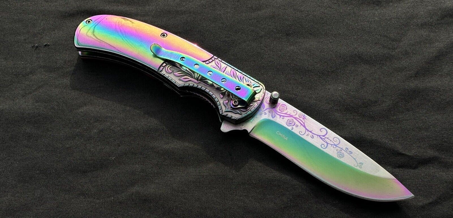 Folding Pocket Knife Rainbow Burlwood Handle Rose Engraved Design Full Size 🌹