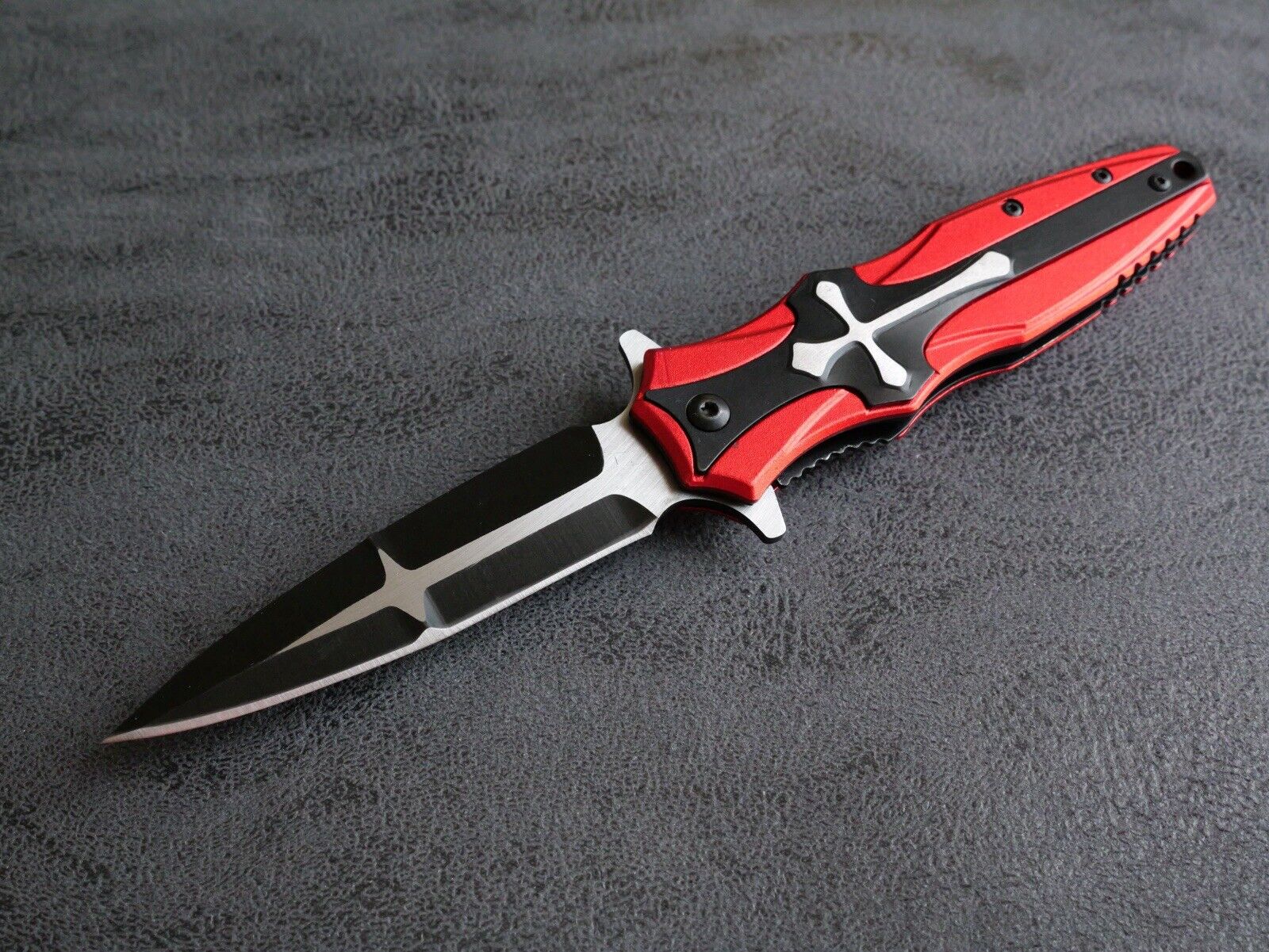 5” Cross Pocket Knife Red Full Size Spear Point Chrome Heart Sharp Assisted