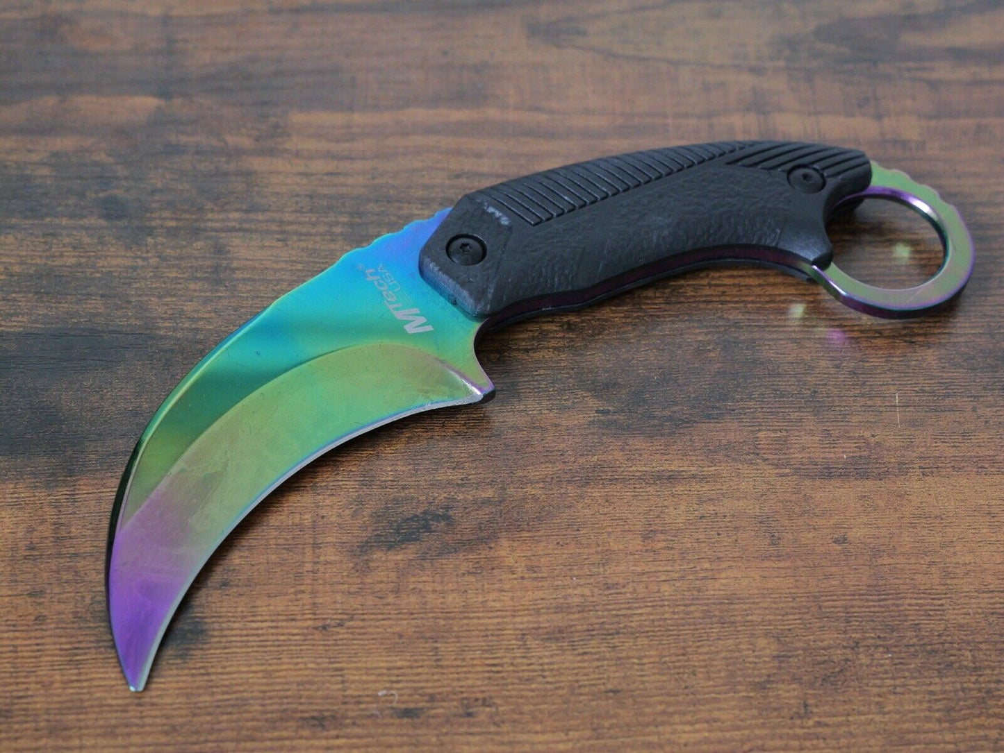 8” Fixed Blade Knife Karambit Full Tang Rainbow Rubber Scales Nylon Sheath