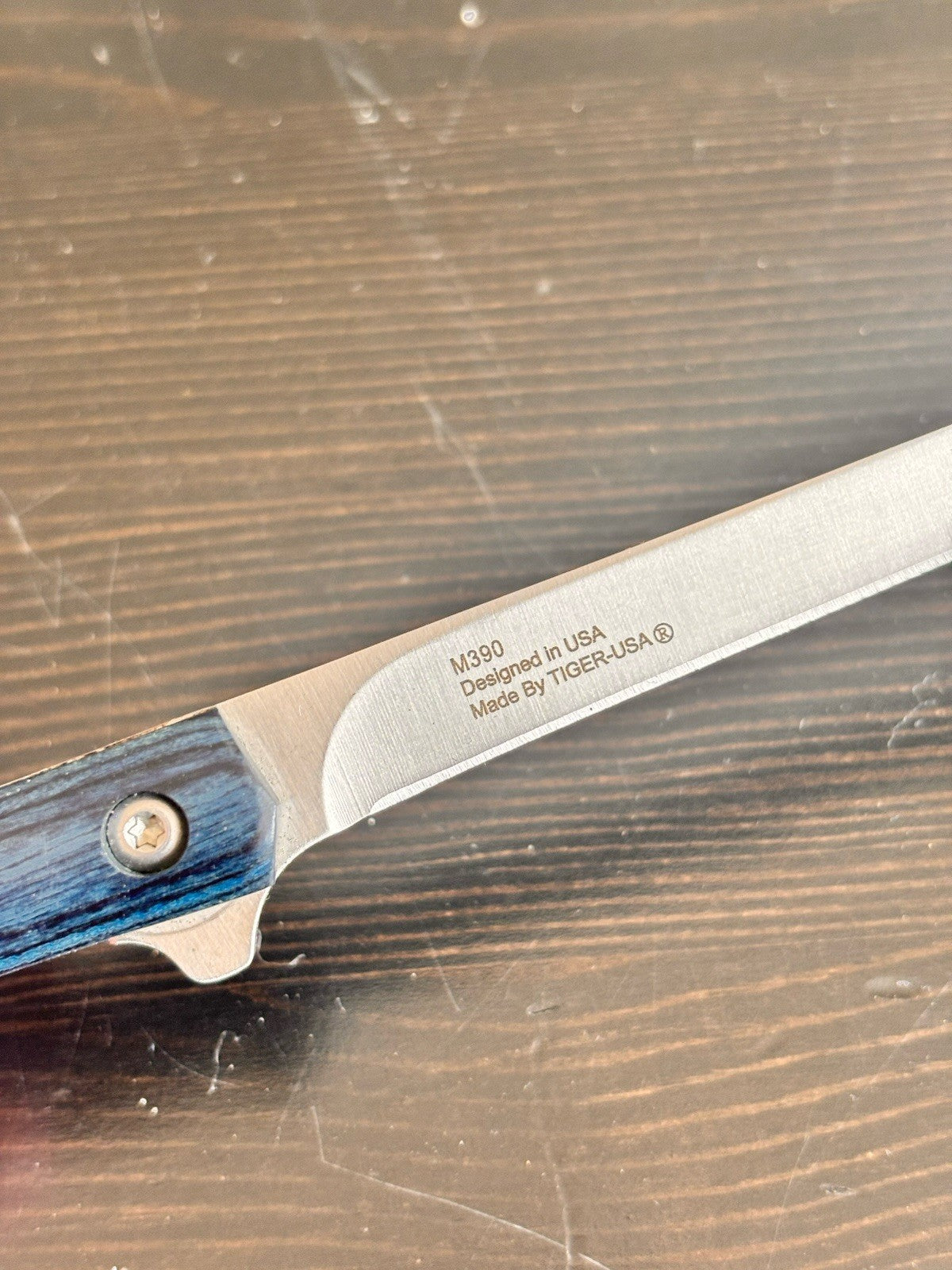 Slim Pocket Knife Blue Wood Handle Razor Sharp M390 Steel CEO Leather Sheath