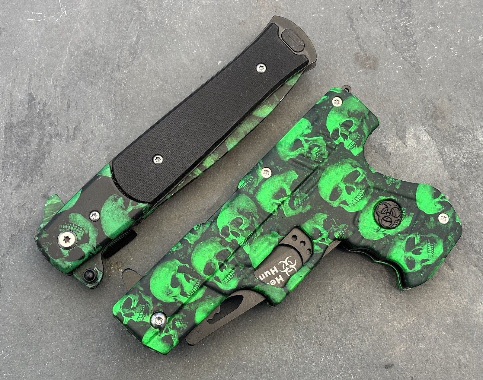 Green Skull Pocket Knife Set Pistol Knife Spring Assist 2 Pcs