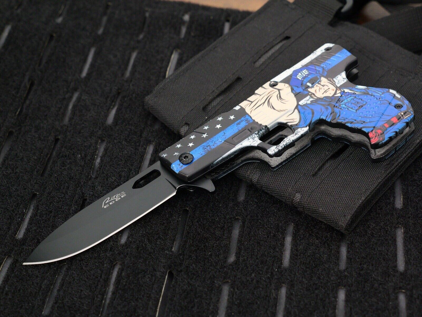 Folding Pocket Knife Pistol Design Police Pocket Clip 3” Blade Sharp EDC Flag