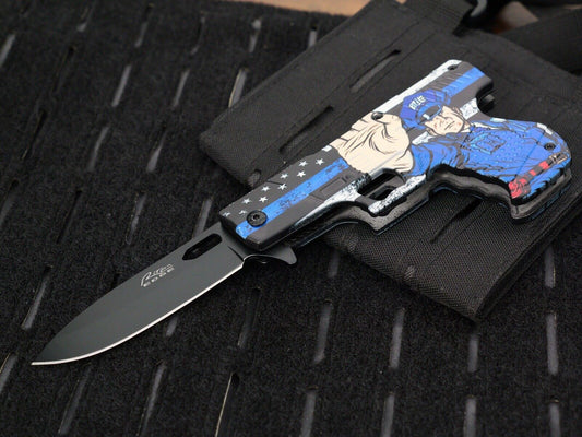 Folding Pocket Knife Pistol Design Police Pocket Clip 3” Blade Sharp EDC Flag