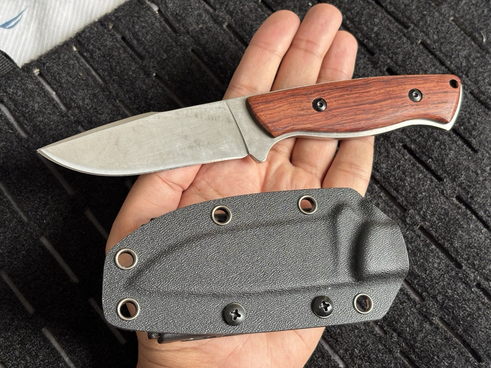8” Fixed Blade Knife Full Tang Wood Handle Kydex Sheath Vertical Horizontal