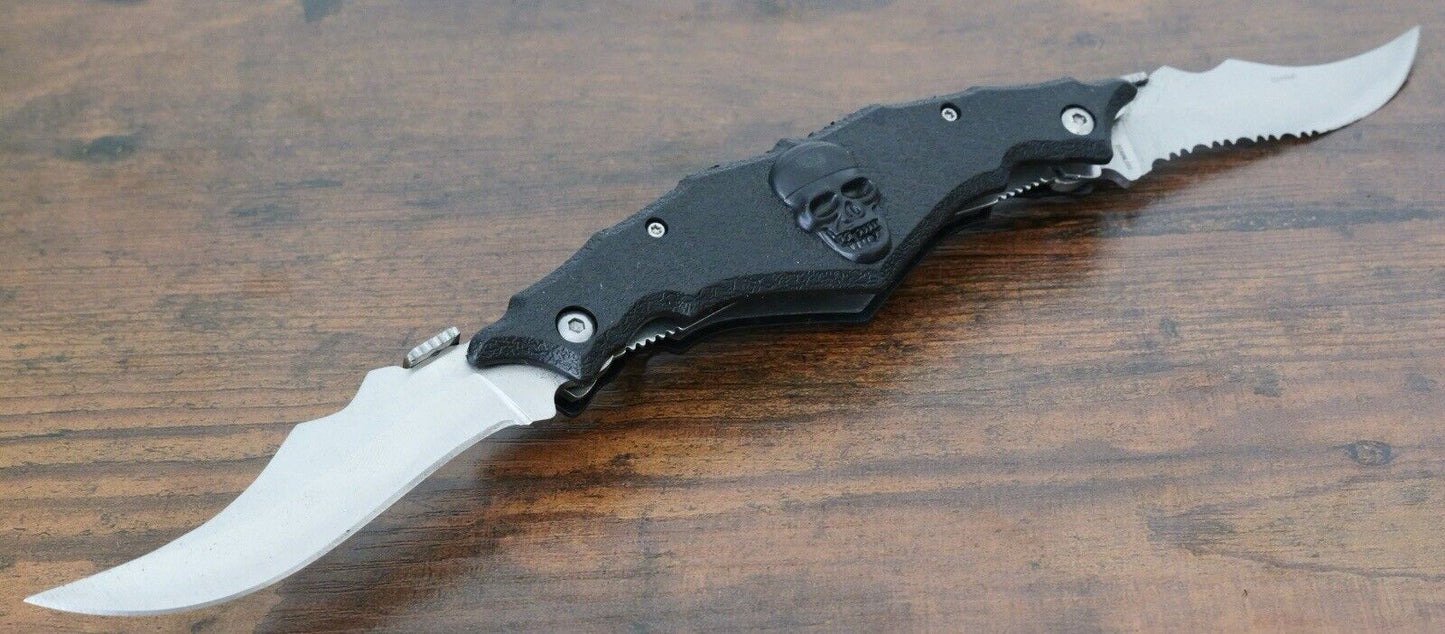 5” Skull Pocket Knife Dual Blades Black Pocket Clip Sharp 440 Stainless Tactical