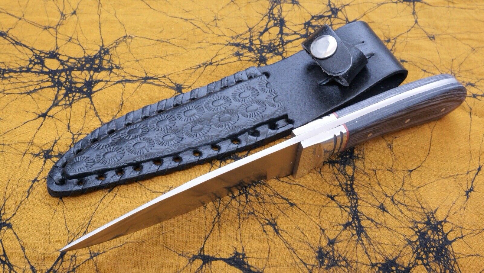9” Fixed Blade Knife Wood Handle Full Tang Mirror Finish Black Leather Sheath