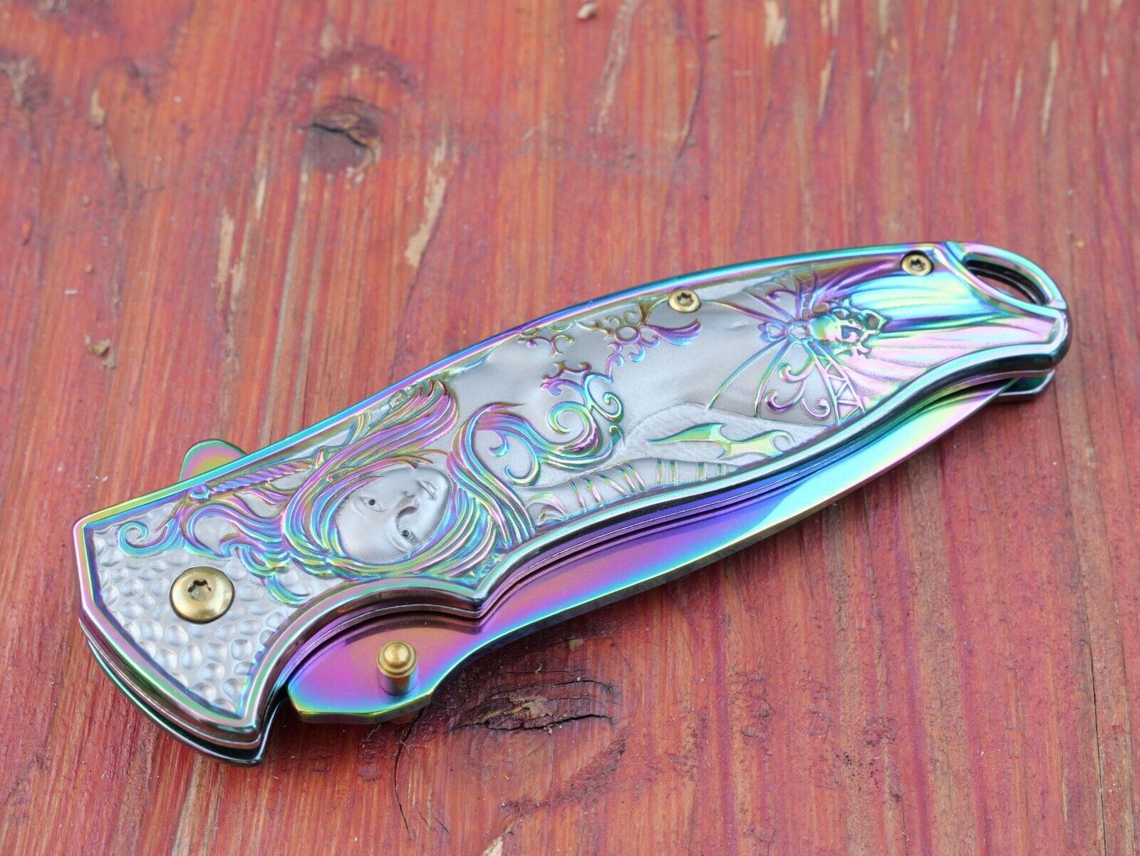 Mermaid Pocket Knife Full Size 3D Metal Handle Sharp TI Coated Spring Assist Edc