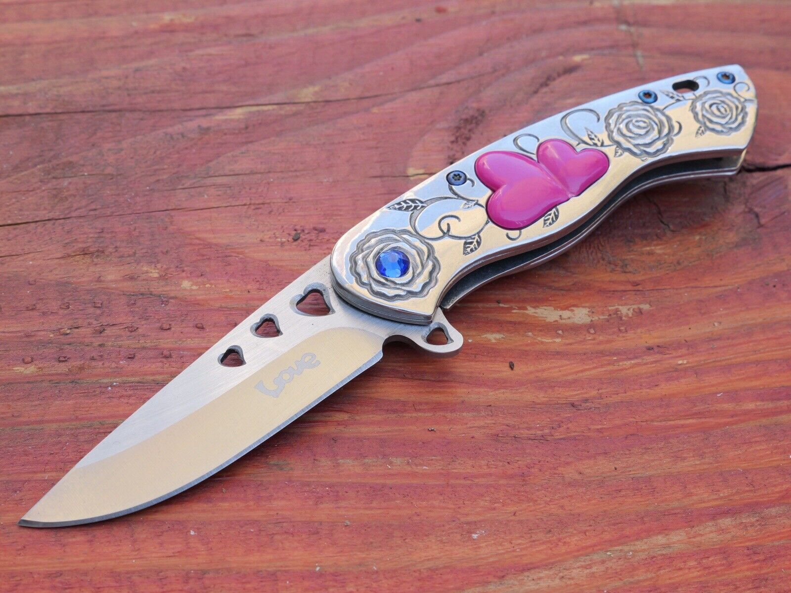 Love Pocket Knife Hearts 💕 Chrome Knife Small Folding Biker Chick Sharp Pink 4”