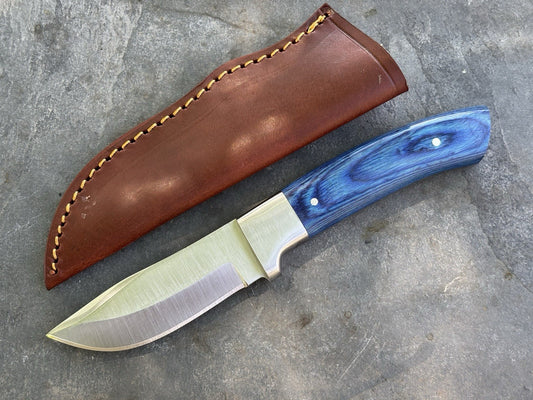 7” Chrome/Blue Fixed Blade Knife Full Tang Leather Sheath Sharp Small