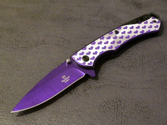 8” Heart Pocket Knife Purple Full Size Ladies Self Defense Girly Cute Assist