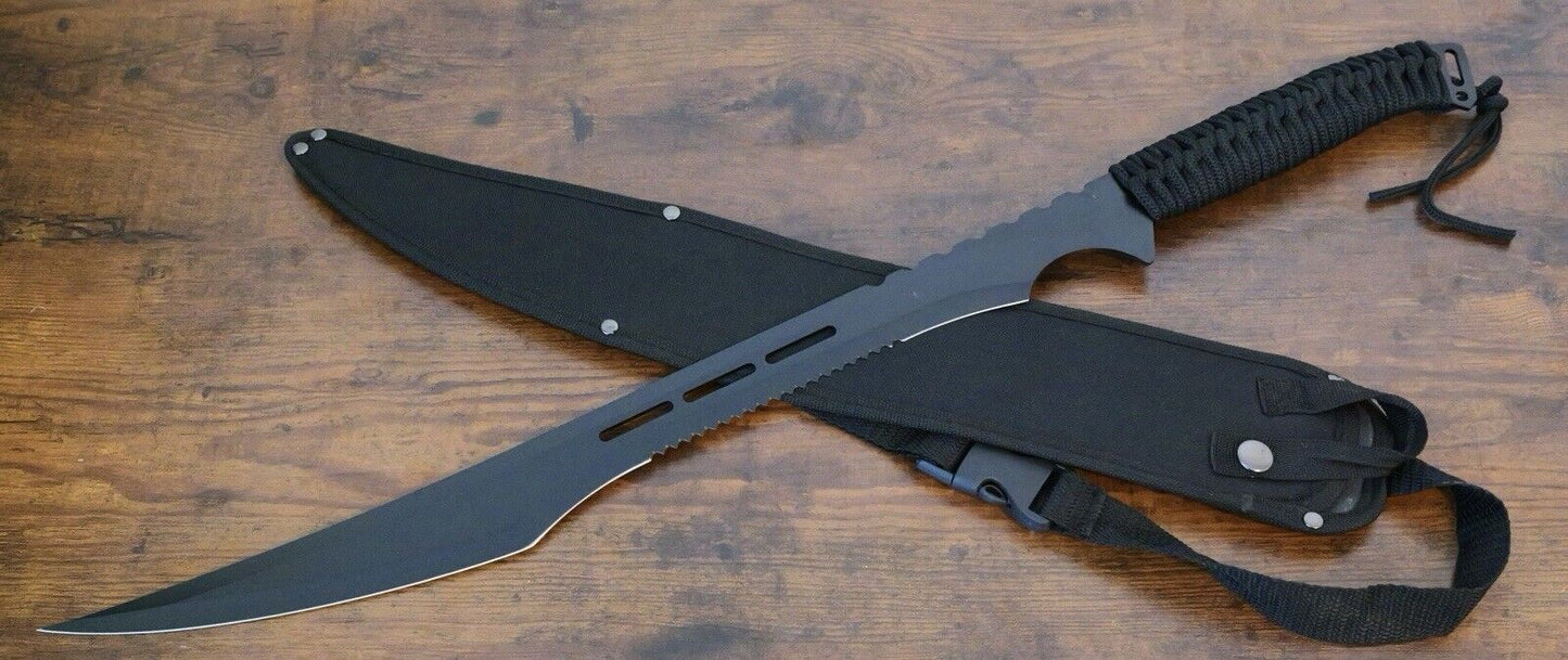 27” Tactical Machete Stealth Black Full Tang Large Serrated Sharp Shoulder Strap