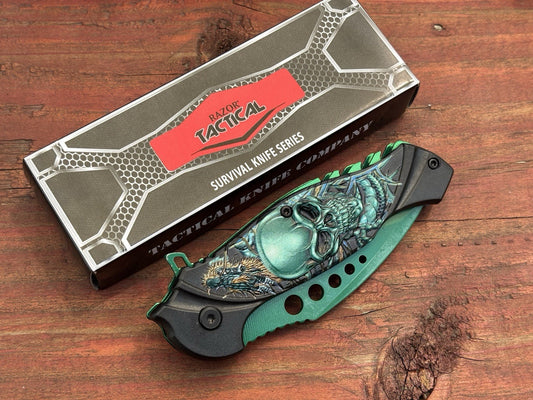 Skull Pocket Knife Green Spring Assist Full Size Unique Design Fantasy belt clip