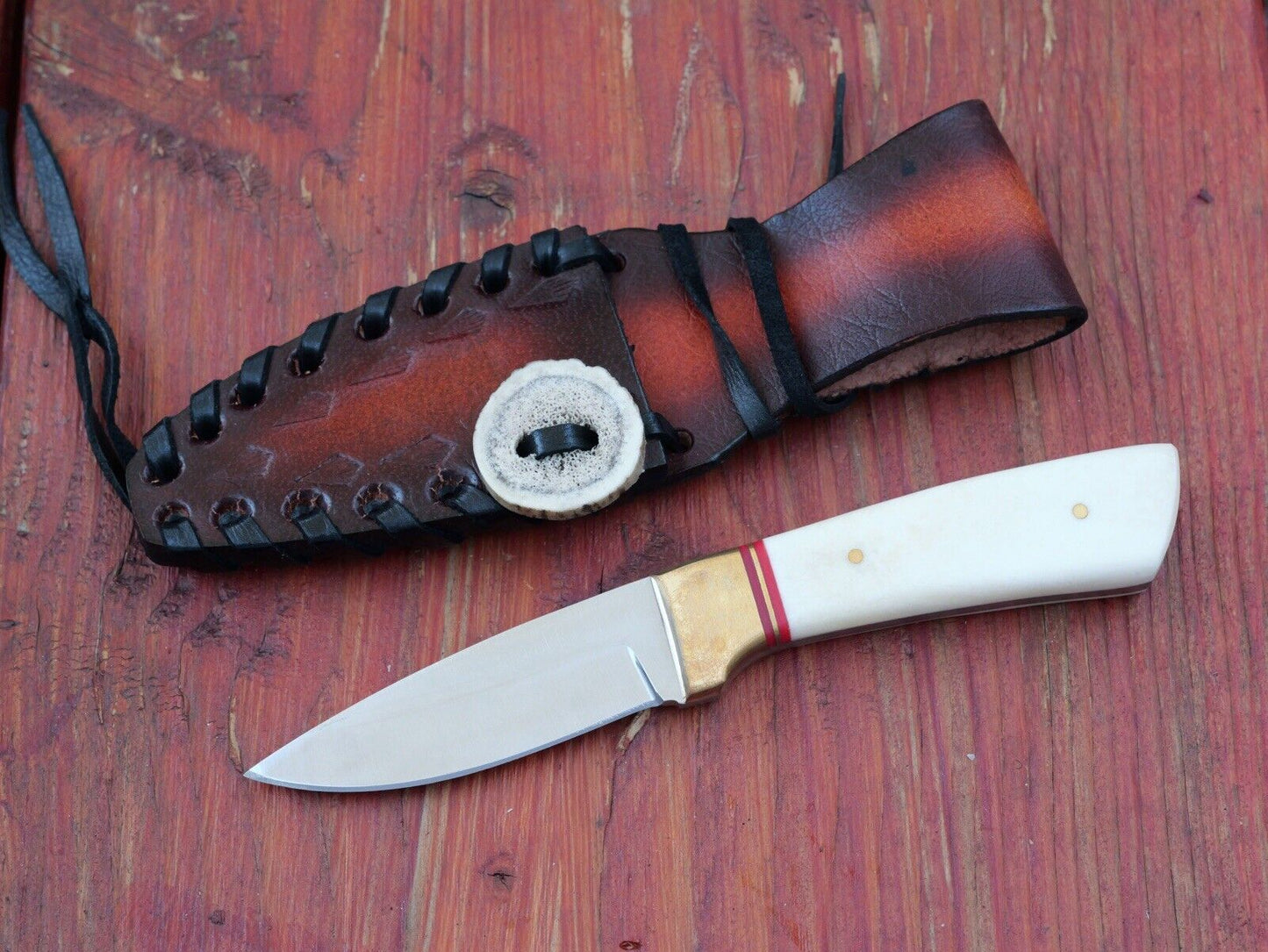 6.5” Mini Fixed Blade Knife Full Tang Brass Bolster Leather Sheath Mirror Finish