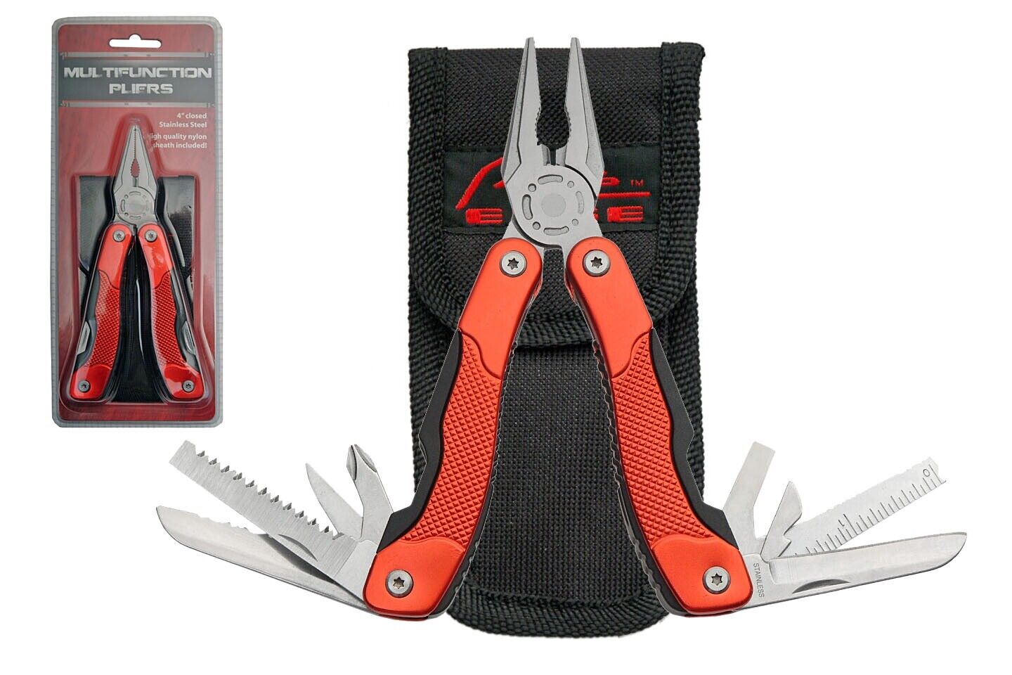 Multi Tool Red Full Size 13 Functions Pliers Knife Saw Screwdriver Ruler Sheath