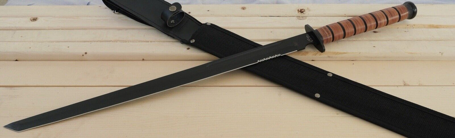 28” Combat Sword Tanto Full Tang Black USMC Style Serrated Sharp Stealth Black