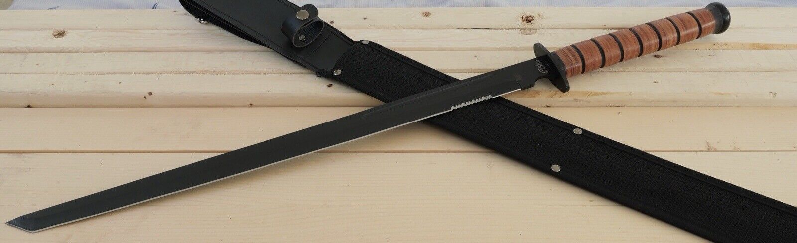 28” Combat Sword Tanto Full Tang Black USMC Style Serrated Sharp Stealth Black