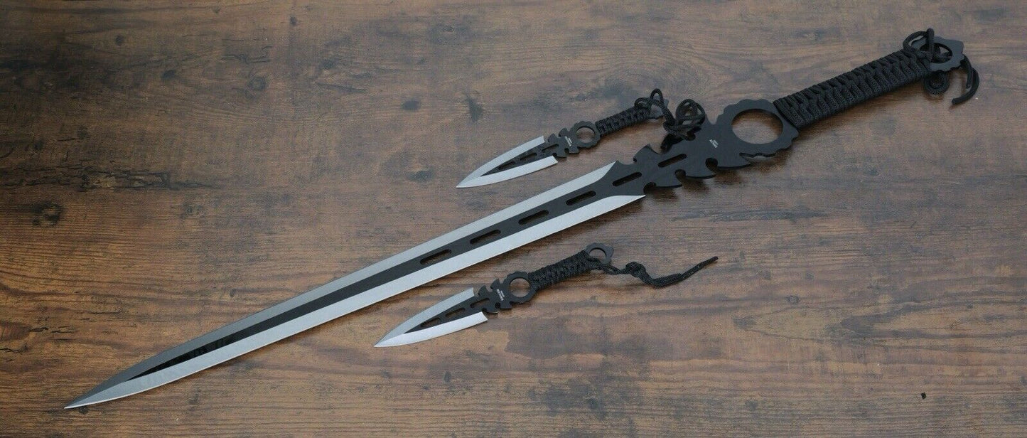 26” Ninja Sword Set 3 PCs Full Tang Double Edge Spear Point Nylon Sheath Strap