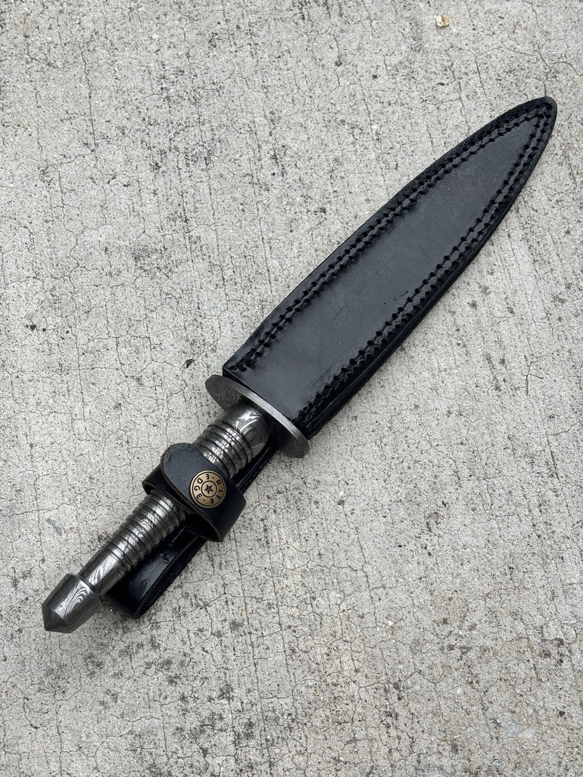 13” FS Commando Dagger Damascus Full Tang Double Edge Spear Point Leather Sheath