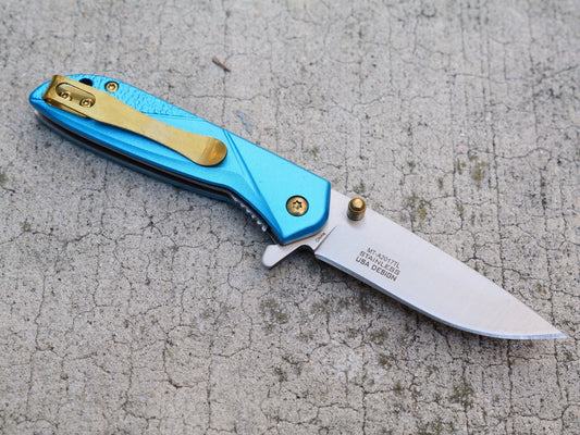 6” Aesthetic Spring Assist Pocket Knife Gold Clip Blue Handle Gray 3” Blade