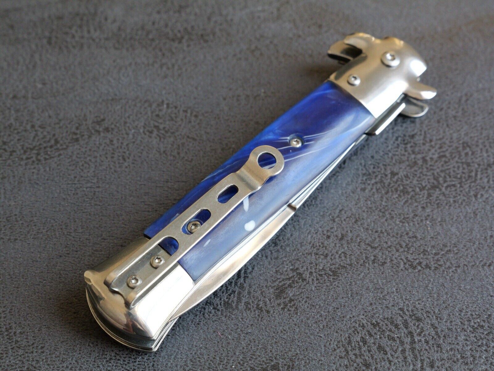 Pocket Knife Vintage Italian Design Blue Pearl Chrome Handle Assisted Deep Carry