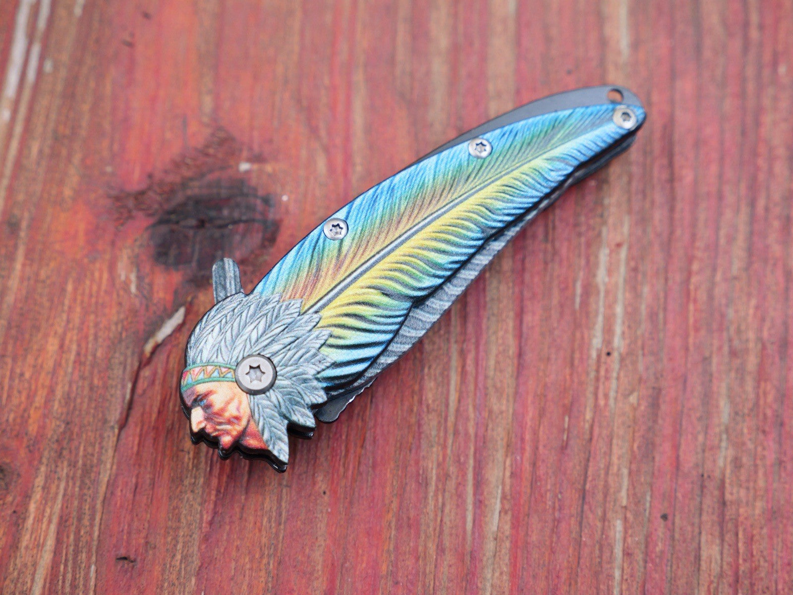 Mini Pocket Knife Native American Indian Feather Spring Assist 