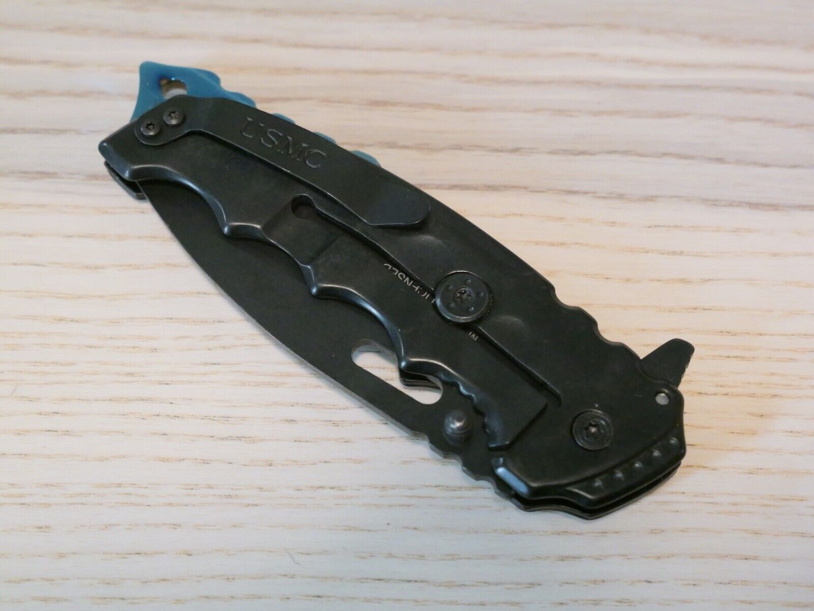 USMC Pocket Knife Spring Assist Black Blue Sharp Heavy Duty Metal Handle XL