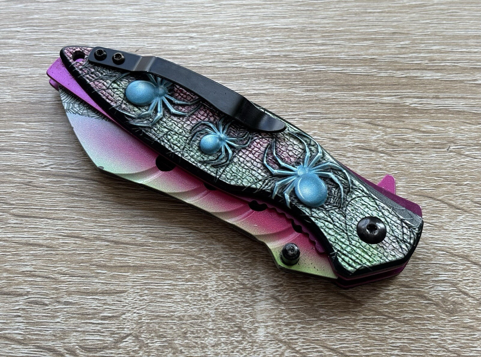Pink Spider Pocket Knife Spring Assist All Metal Sharp Belt Clip Blue 