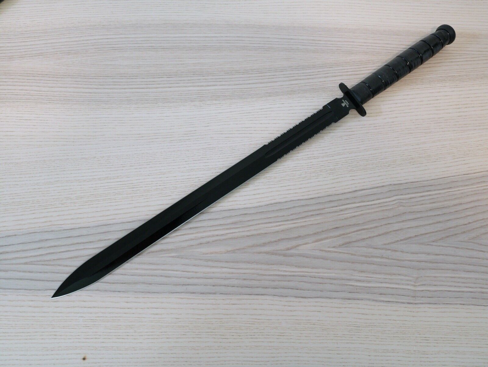 28” Combat Sword Spear  Full Tang Black USMC Style Serrated Sharp Double Edge