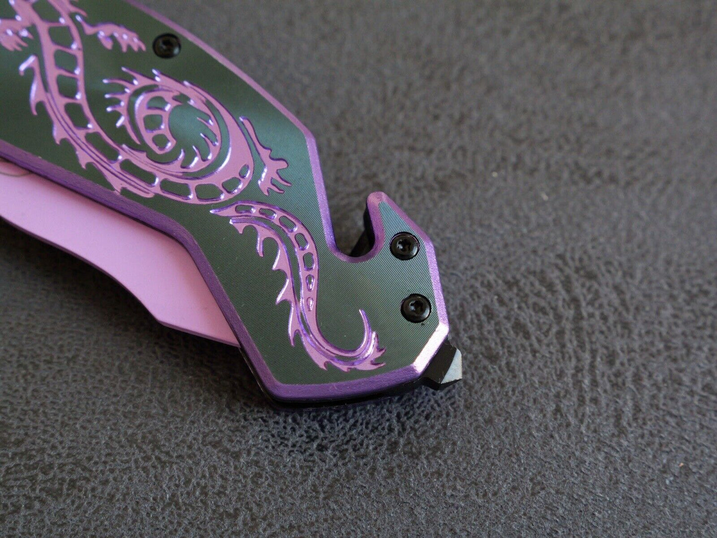Pink Spring Assist Knife Dragon Full Size Window Punch Belt Cutter Pocket Knife