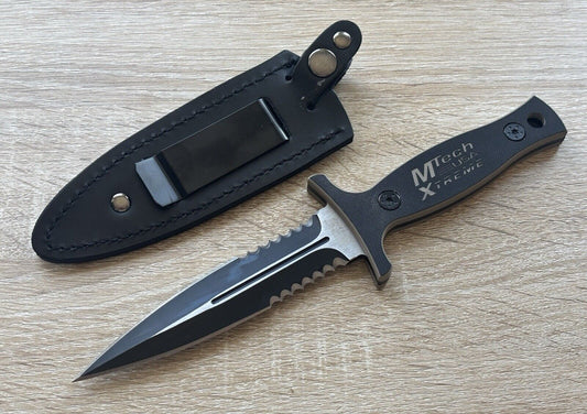 9” Boot Knife Heavy Duty Full Tang Spear Point Stealth Black Leather Sheath 