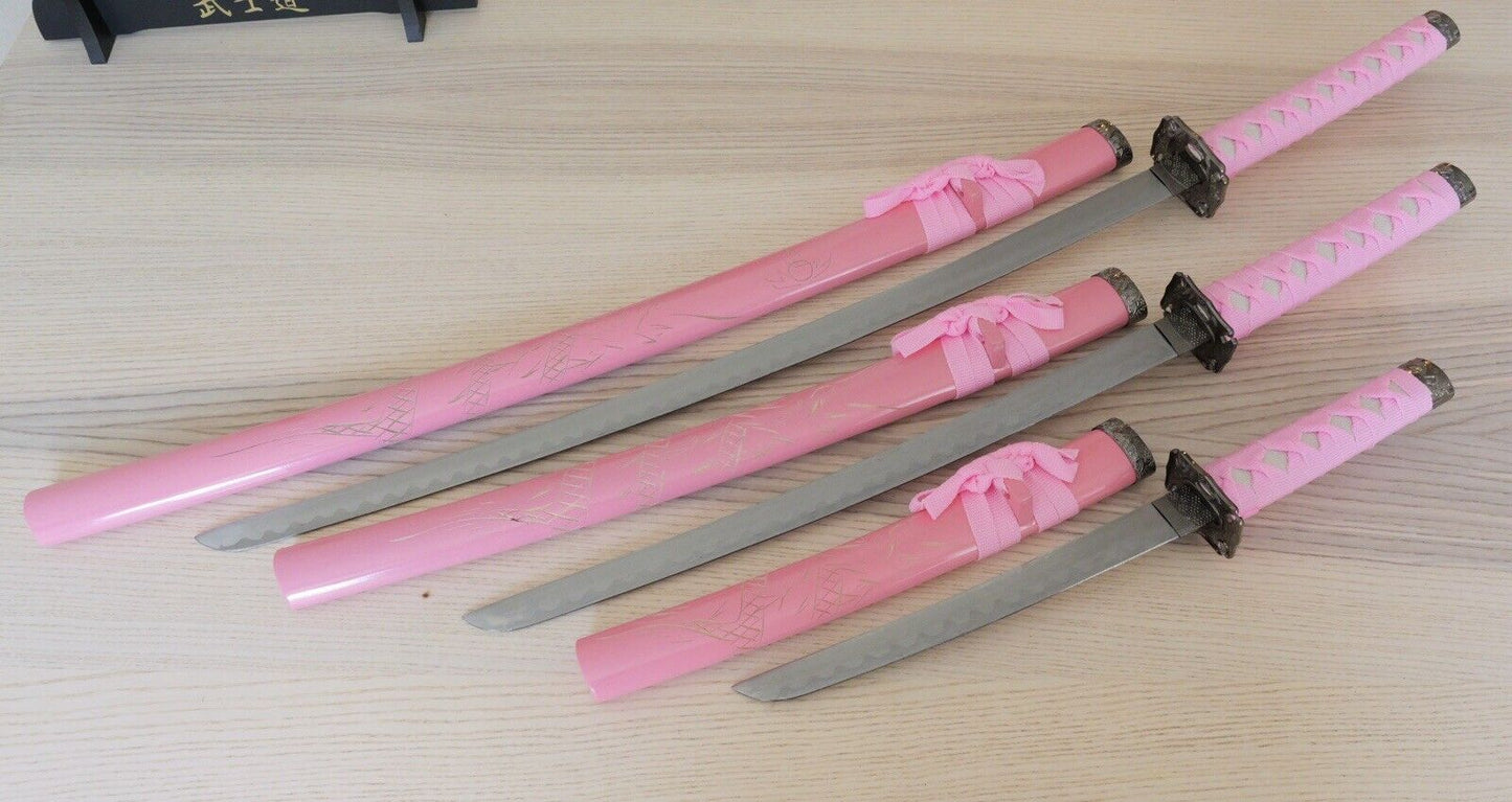 Samurai Sword Set PINK Dragon Display Stand Wood Scabbard Katana 3 Piece Set