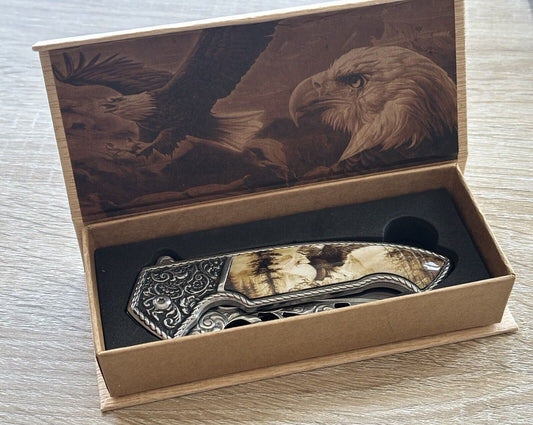 USA Eagle Wildlife Gift Box Knife Stainless Steel Engraved Ornate Ivory Handle
