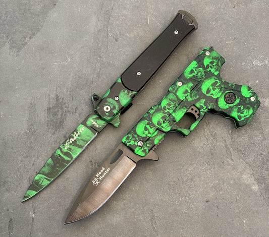 Green Skull Pocket Knife Set Pistol Knife Spring Assist 2 Pcs