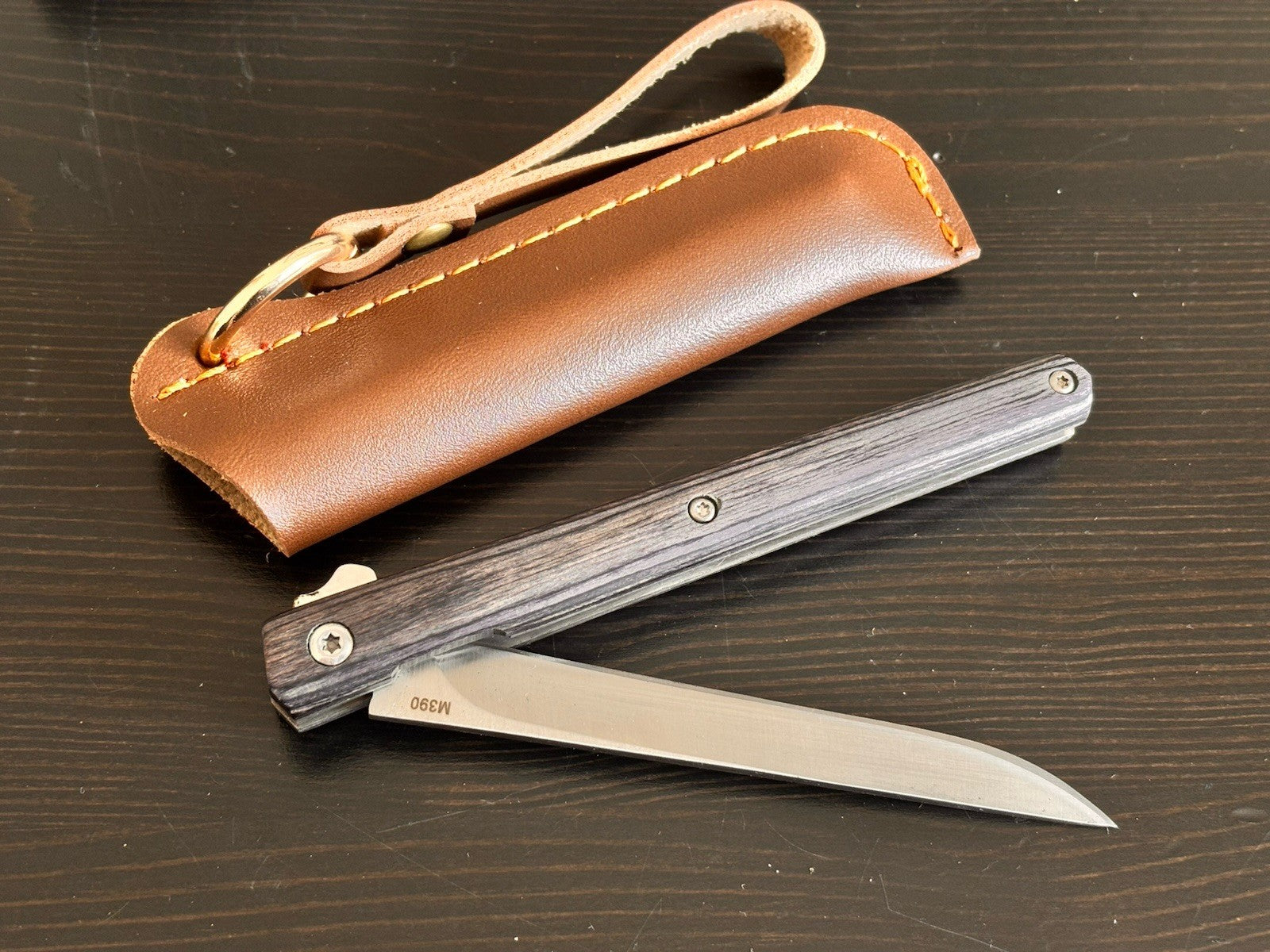 Slim Pocket Knife Folding Wood Handle Razor Sharp M390 Steel CEO Leather Sheath
