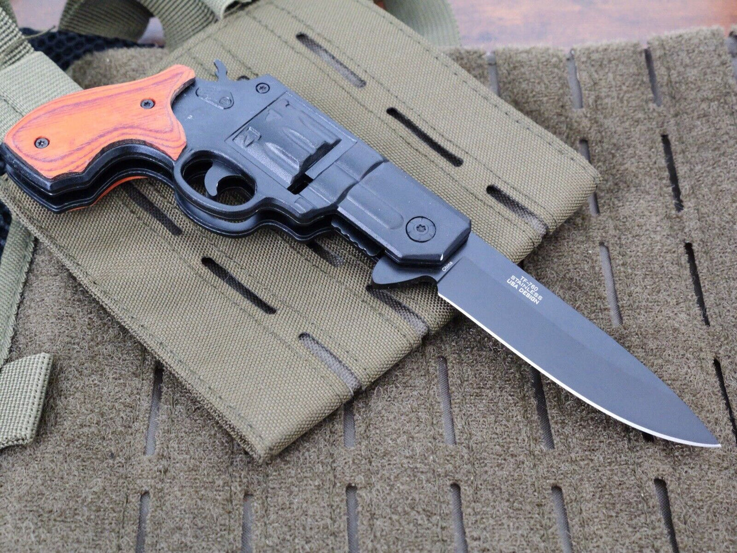 Folding Pocket Knife Pistol Design Sheriff  Pocket Clip 3” Blade Sharp EDC