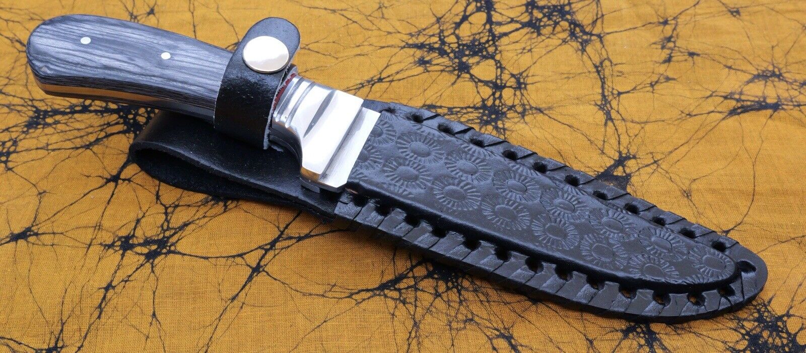 9” Fixed Blade Knife Wood Handle Full Tang Mirror Finish Black Leather Sheath