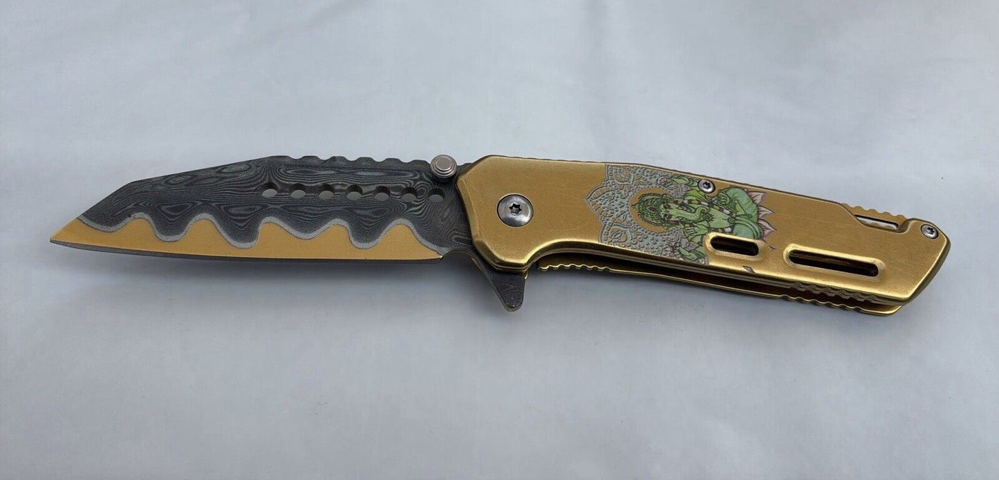 Gold Ganesh Pocket Knife Wild Design All Metal Sharp Wharncliffe Blade Damascus 