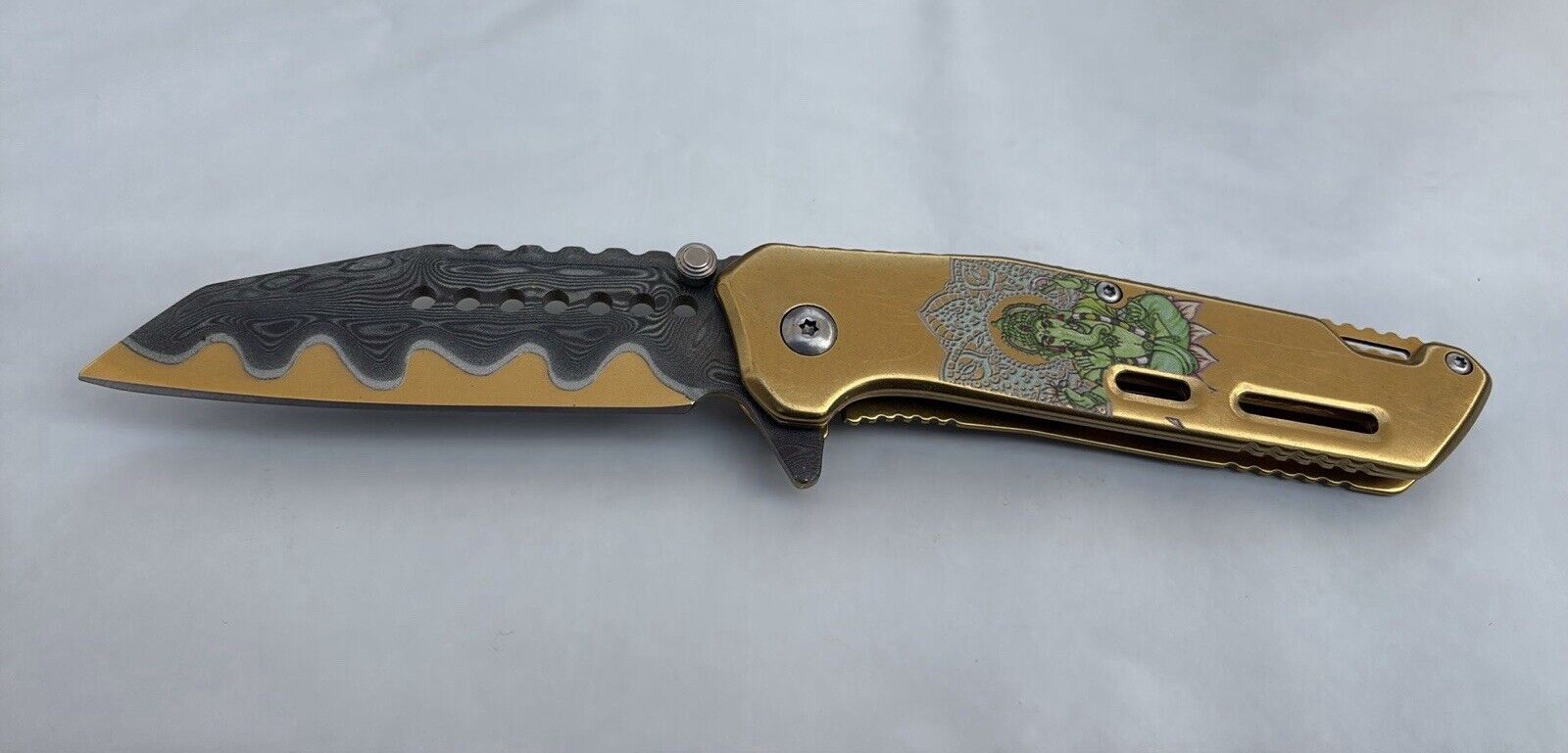Gold Ganesh Pocket Knife Wild Design All Metal Sharp Wharncliffe Blade Damascus 
