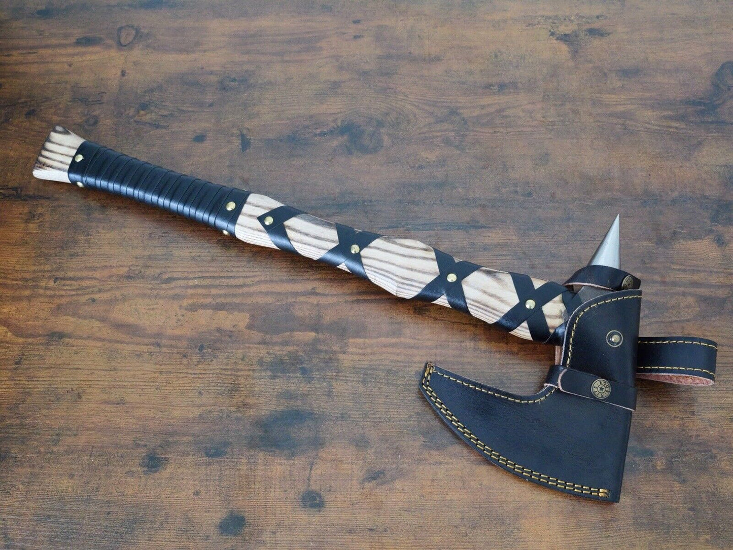 21” Viking Battle Axe Hand Forged Carbon Steel 9x6 Head Battle Ready Sheath Oak