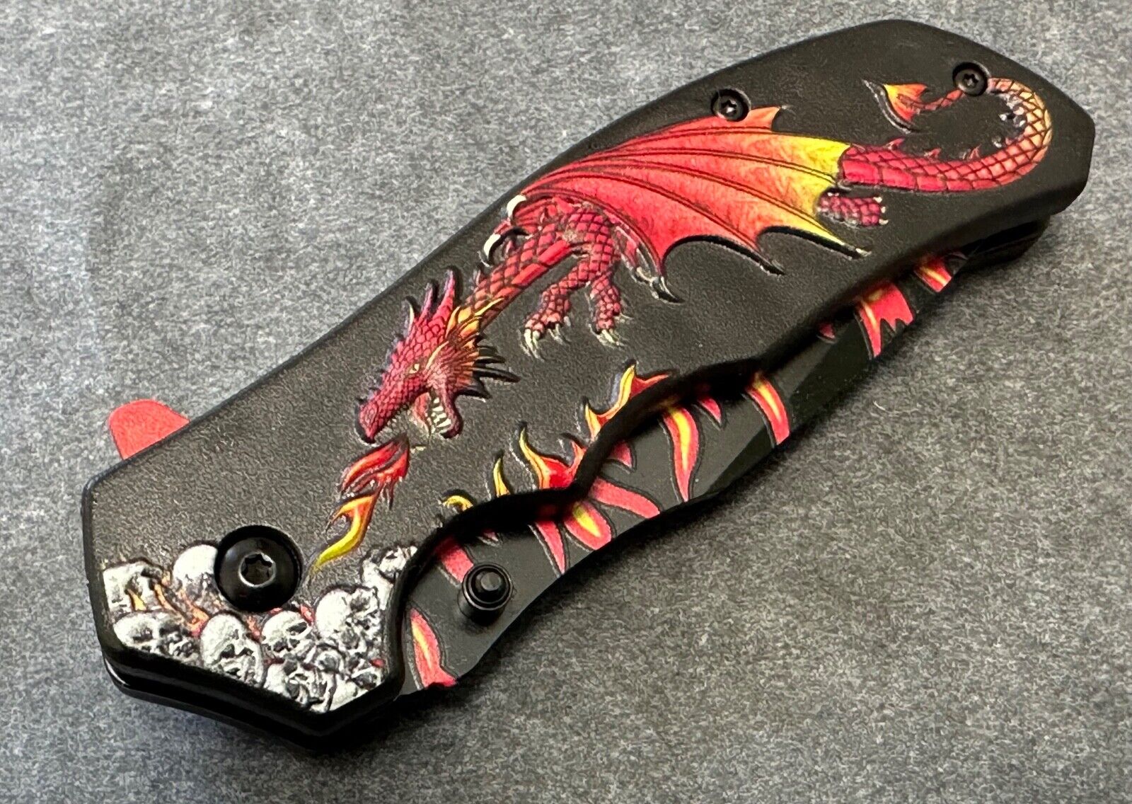 Dragon Red Flame Pocket Knife Folding Full Size 3.5" Blade Skull Fire Tactical