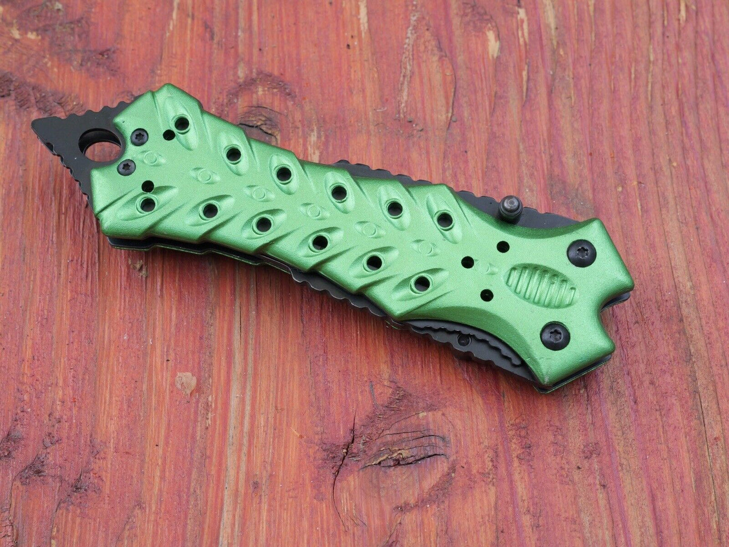 Double Blade Manual Folding Knife Green Stinger Point Full Size Pocket Clip EDC