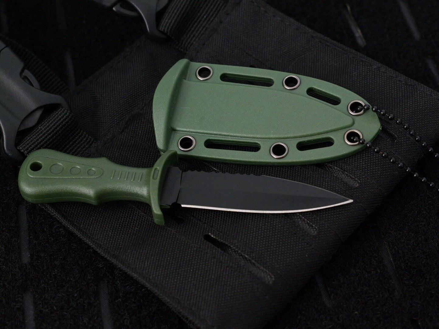 5” Neck Knife Full Tang Spear Point Double Edge Serrated Green Black Ball Chain