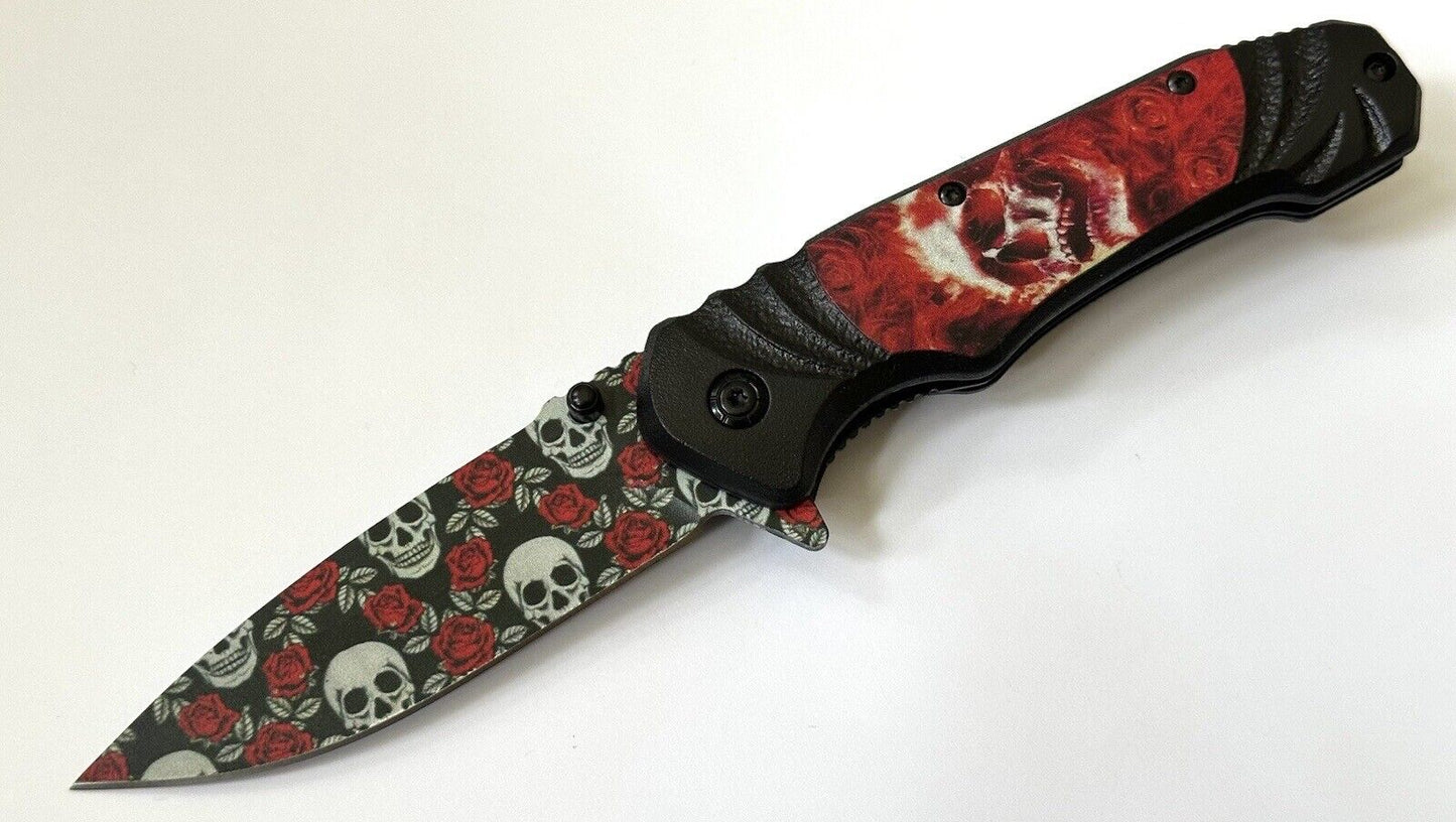 Skull Rose Pocket Knife Ergonomic Handle Full Size Pocket Knife 4.5” Razor Sharp