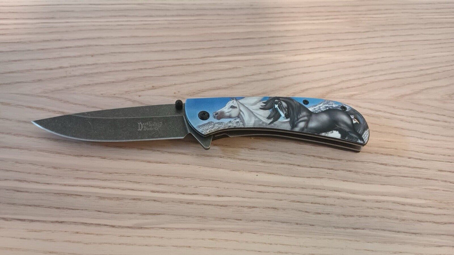 Horse Pocket Knife Full Size Equestrian Blue Sky Blade Collectible Pony Mare