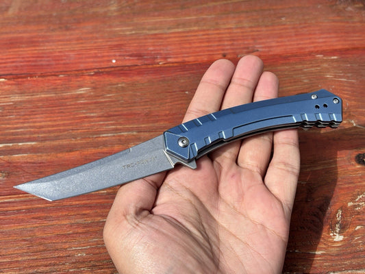 9” Slim Pocket Knife Full Metal Spring Assist Curved Tanto Blade Stonewashed Ceo