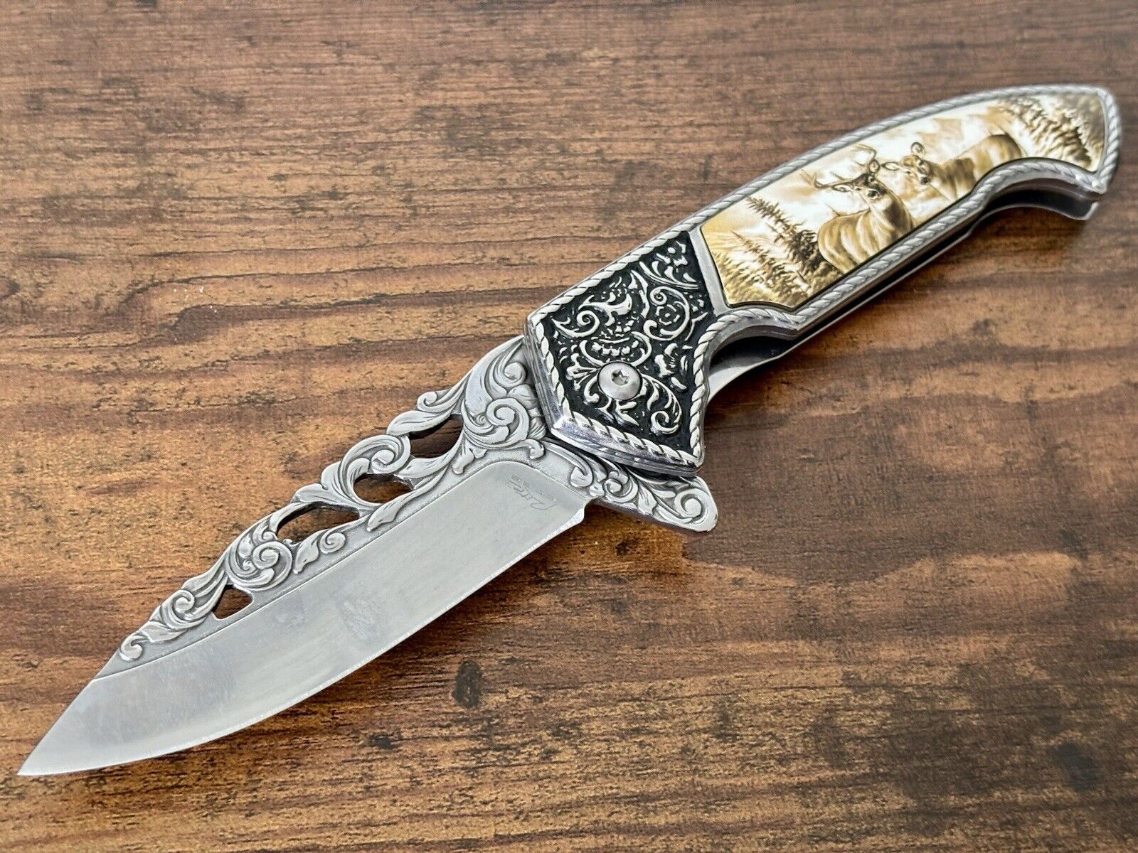 Deer Wildlife Gift Box Knife Stainless Steel Engraved Ornate Faux Ivory Handle 
