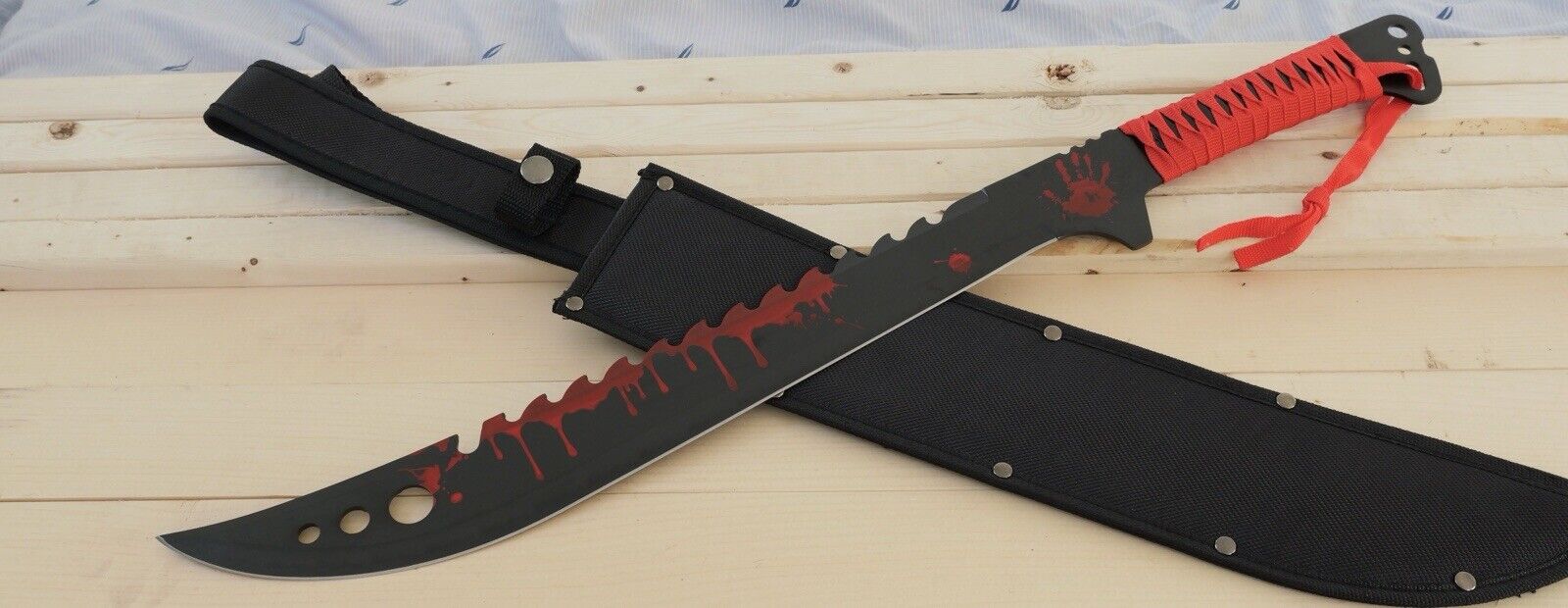 25” Machete Full Size Sawback Black Red Sharp Full Tang Nylon Sheath Back Strap